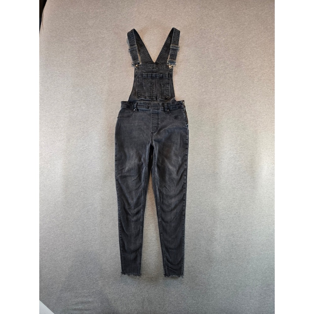 Free People Skinny Denim Overalls Womens 26R Black Faded Raw Hem Side Zip